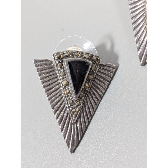 Art Deco Revival 925 Black Marcasite Triangle Drop Earrings Pierced - Picture 4 of 8